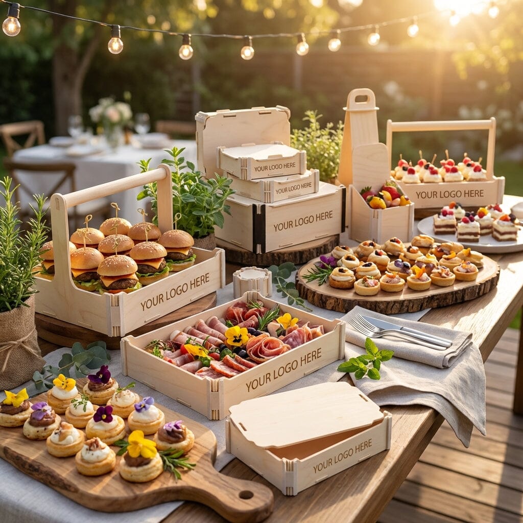 Cajas de madera con diferentes presentaciones de alimentos para catering o eventos