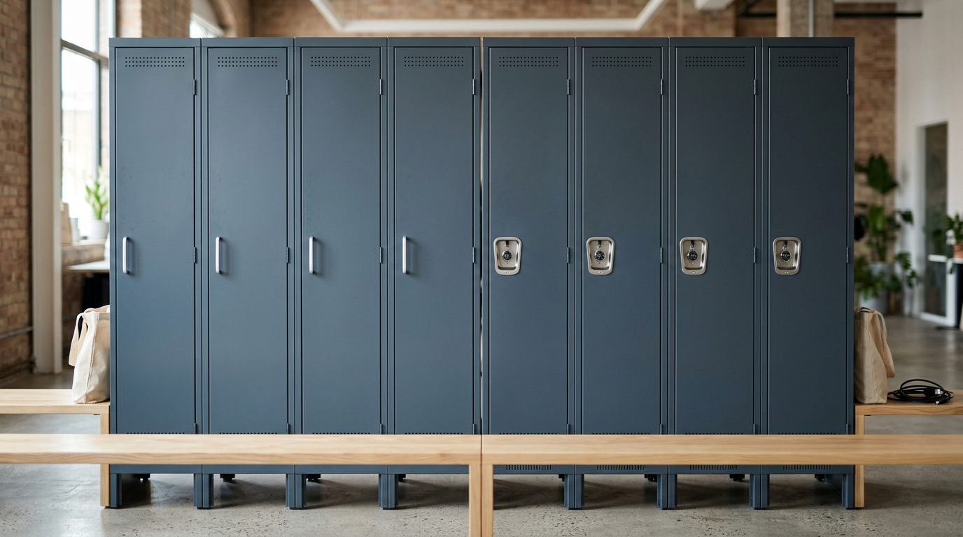 Una fila de armarios metálicos modernos con puertas cerradas, mostrando diferentes tamaños y acabados para diversos usos.
