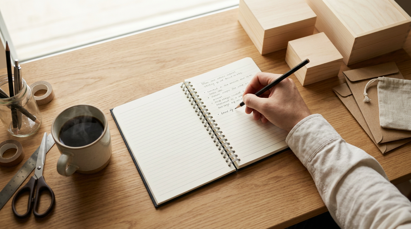 Una persona escribiendo en un bloc de notas con espiral, con un lápiz en la mano, sobre una mesa con objetos de oficina y una taza de café, resaltando el acto de tomar apuntes.