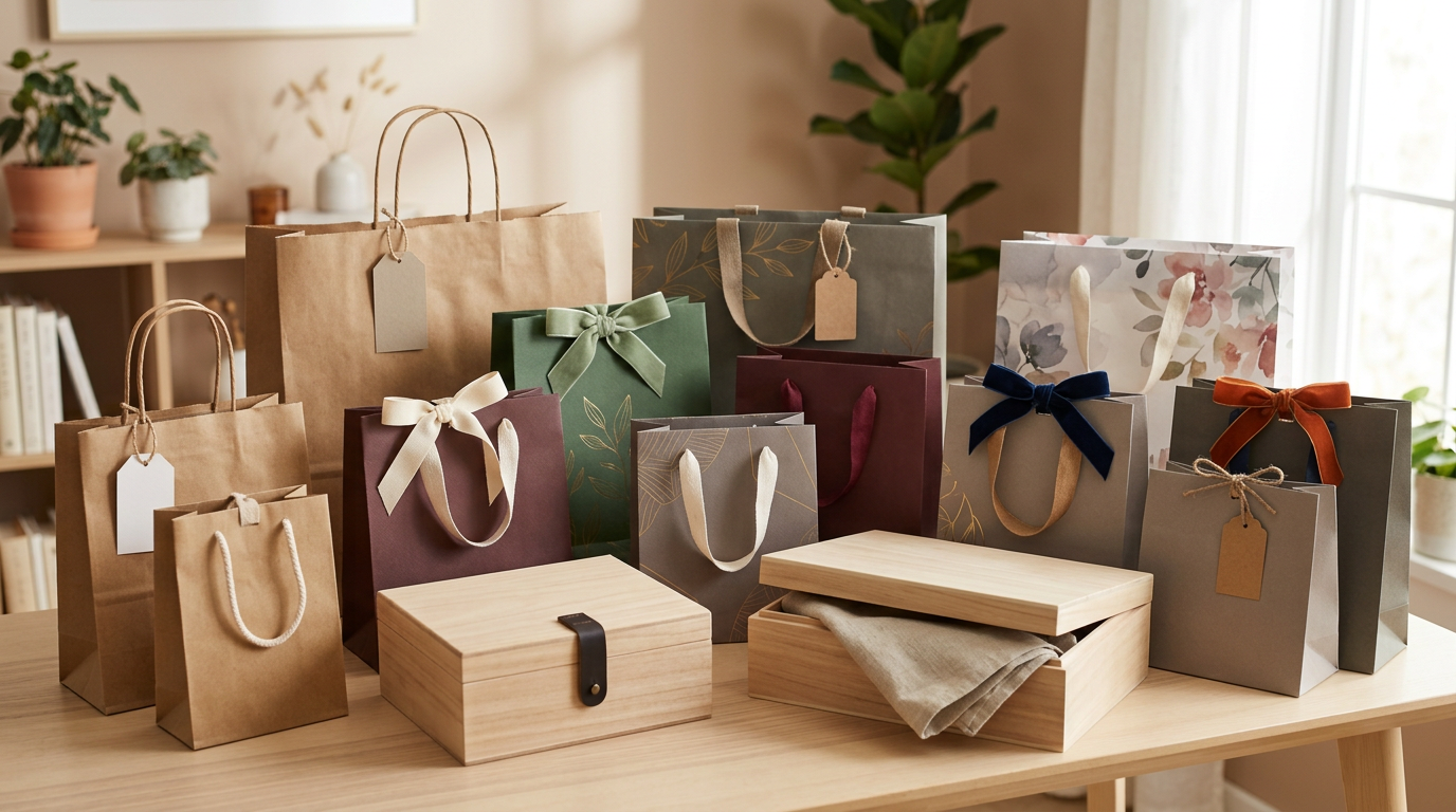Variedad de bolsas de regalo de diferentes tamaños, materiales y colores, algunas con lazos y etiquetas, listas para ocasiones especiales
