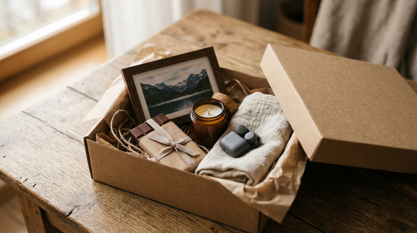 Caja de regalo abierta con varios objetos que representan los cinco sentidos, como una vela, una foto y dulces, sobre una mesa de madera