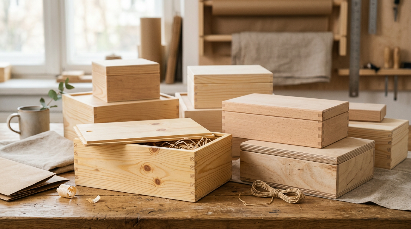 Variedad de cajas de madera con tapa, mostrando diferentes tipos de madera y acabados sobre una superficie neutra, algunas apiladas.