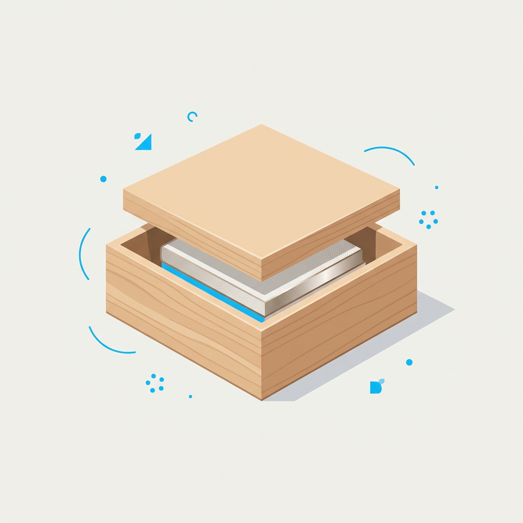 Variété de boîtes en bois avec couvercle, montrant différents types de bois et de finitions sur une surface neutre, certaines empilées.