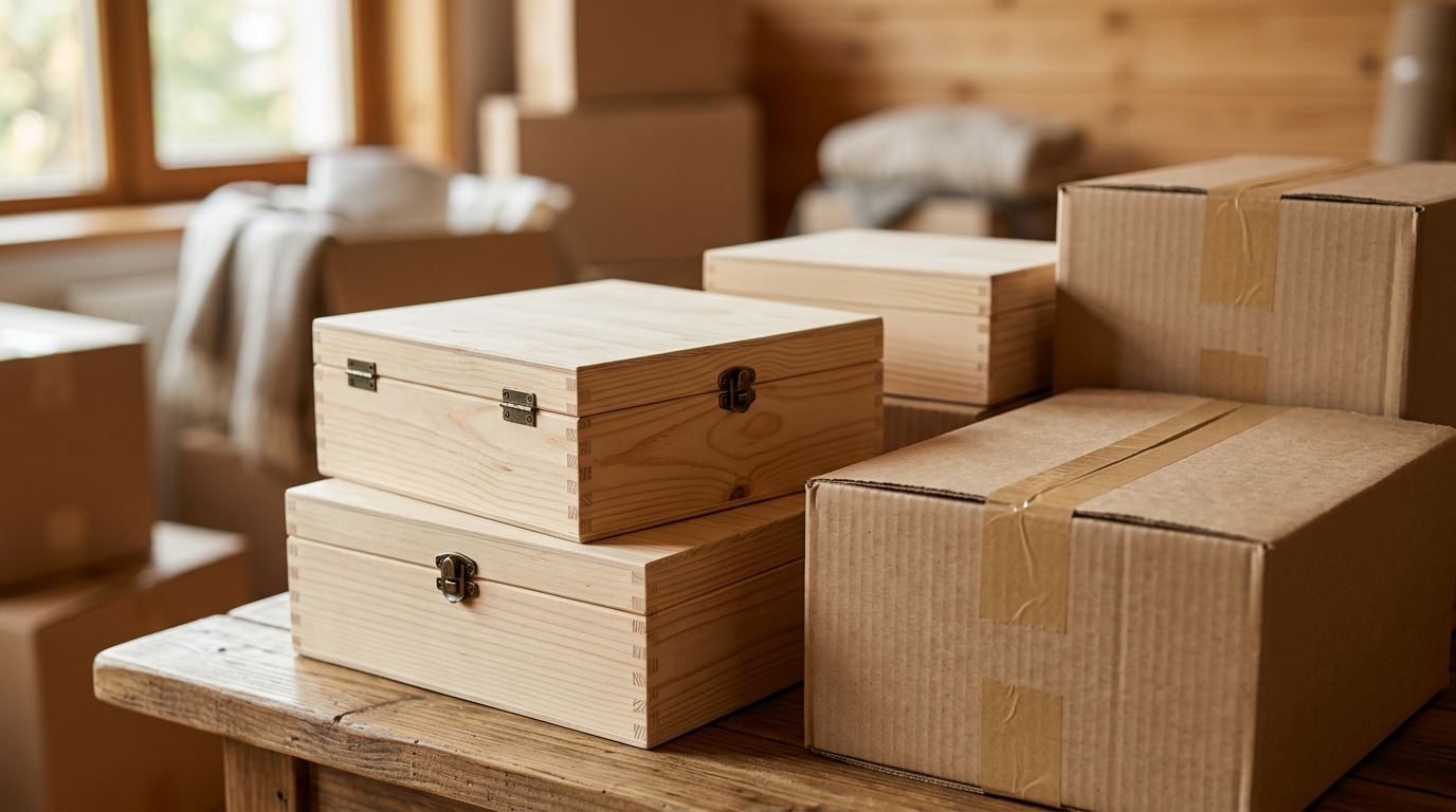 Variedad de cajas de cartón de diferentes tamaños apiladas y listas para una mudanza, con cinta adhesiva y marcadores cerca.