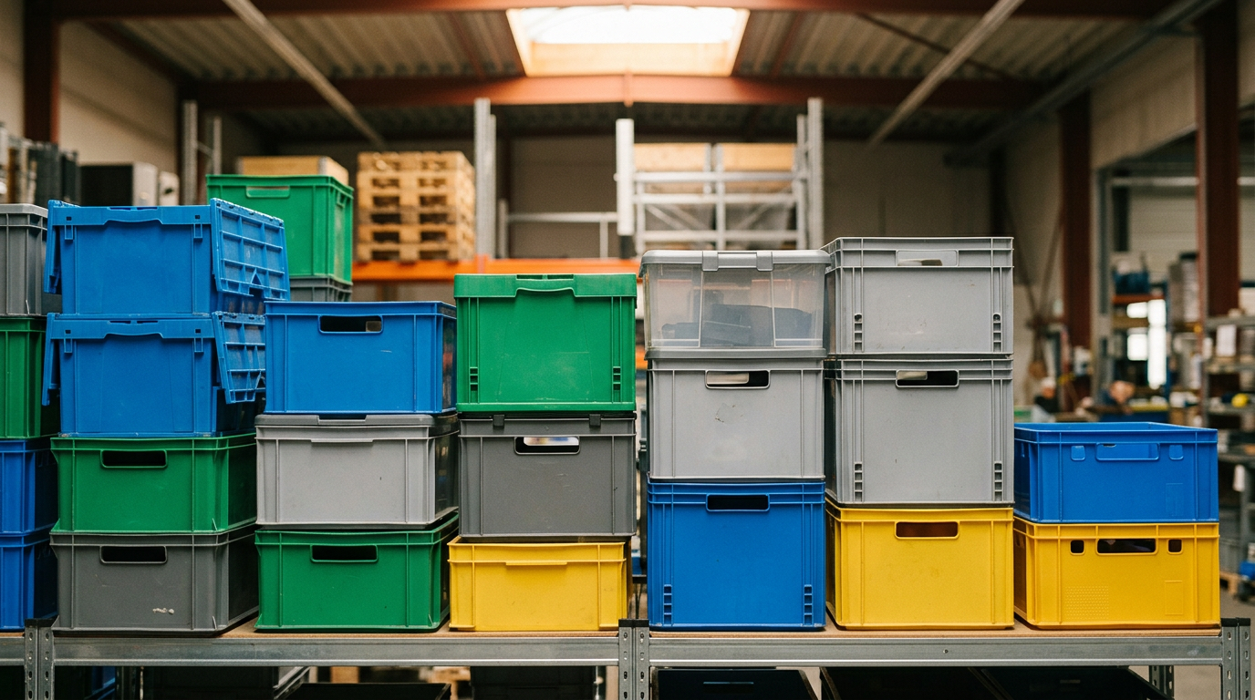 Variedad de cajas de plástico apiladas en un almacén, mostrando diferentes tamaños y colores para diversas aplicaciones de almacenamiento y transporte.