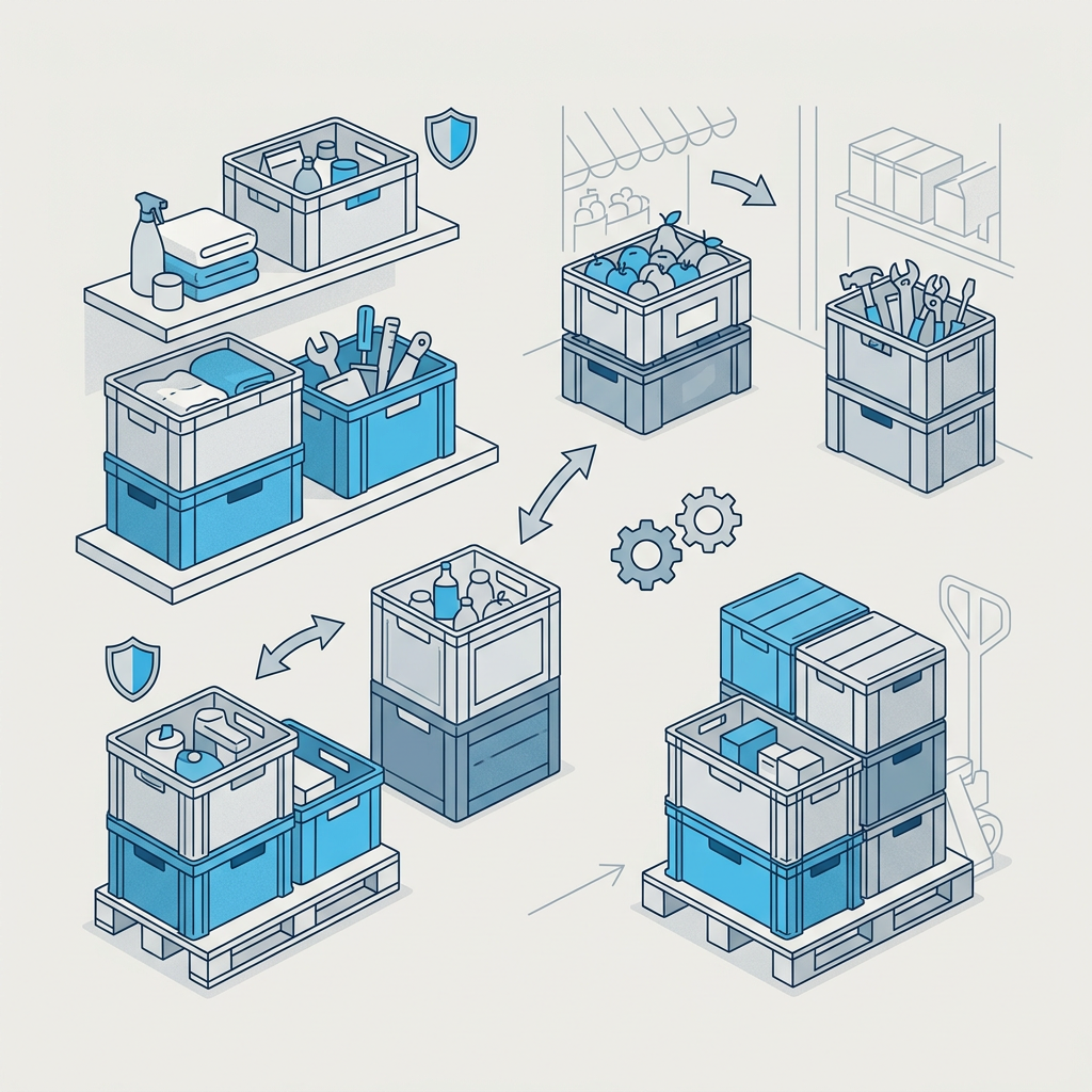 Variedad de cajas de plástico apiladas en un almacén, mostrando diferentes tamaños y colores para diversas aplicaciones de almacenamiento y transporte.