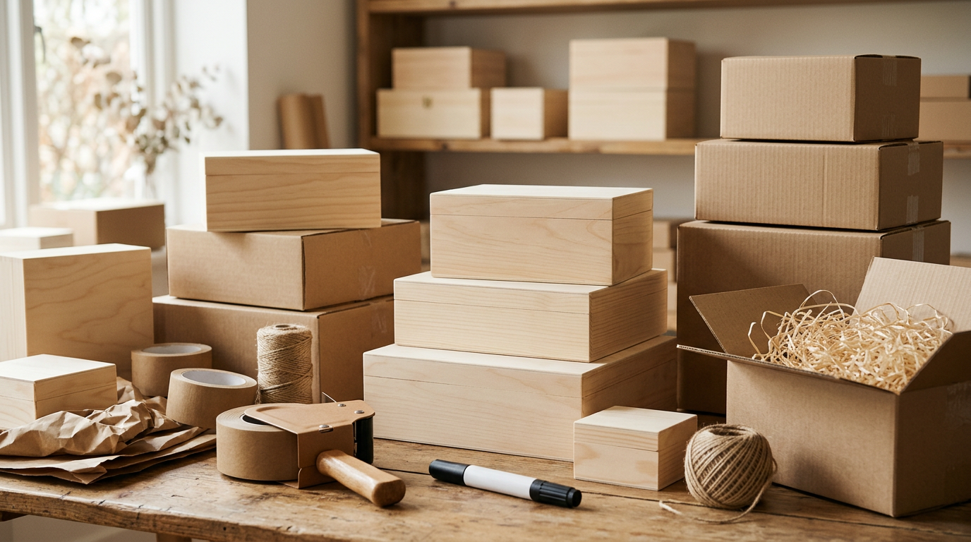 Variedad de cajas de cartón corrugado de diferentes tamaños y tipos apiladas, listas para una mudanza, junto a cinta de embalar y un rotulador.