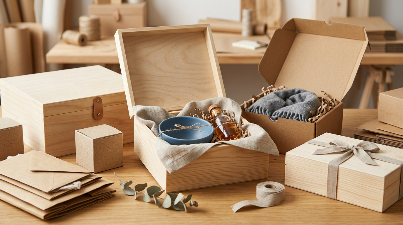 Variedad de cajas de embalaje en diferentes materiales, tamaños y diseños, con productos parcialmente visibles en su interior, destacando el cuidado en la presentación.