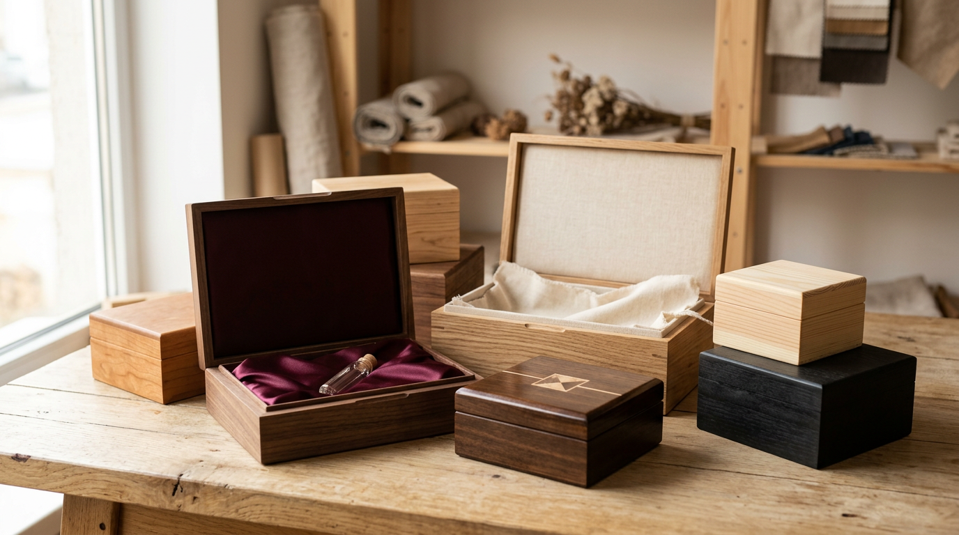 Varias cajas de madera premium de diferentes tamaños y acabados, algunas abiertas y otras cerradas, mostrando su interior con seda.