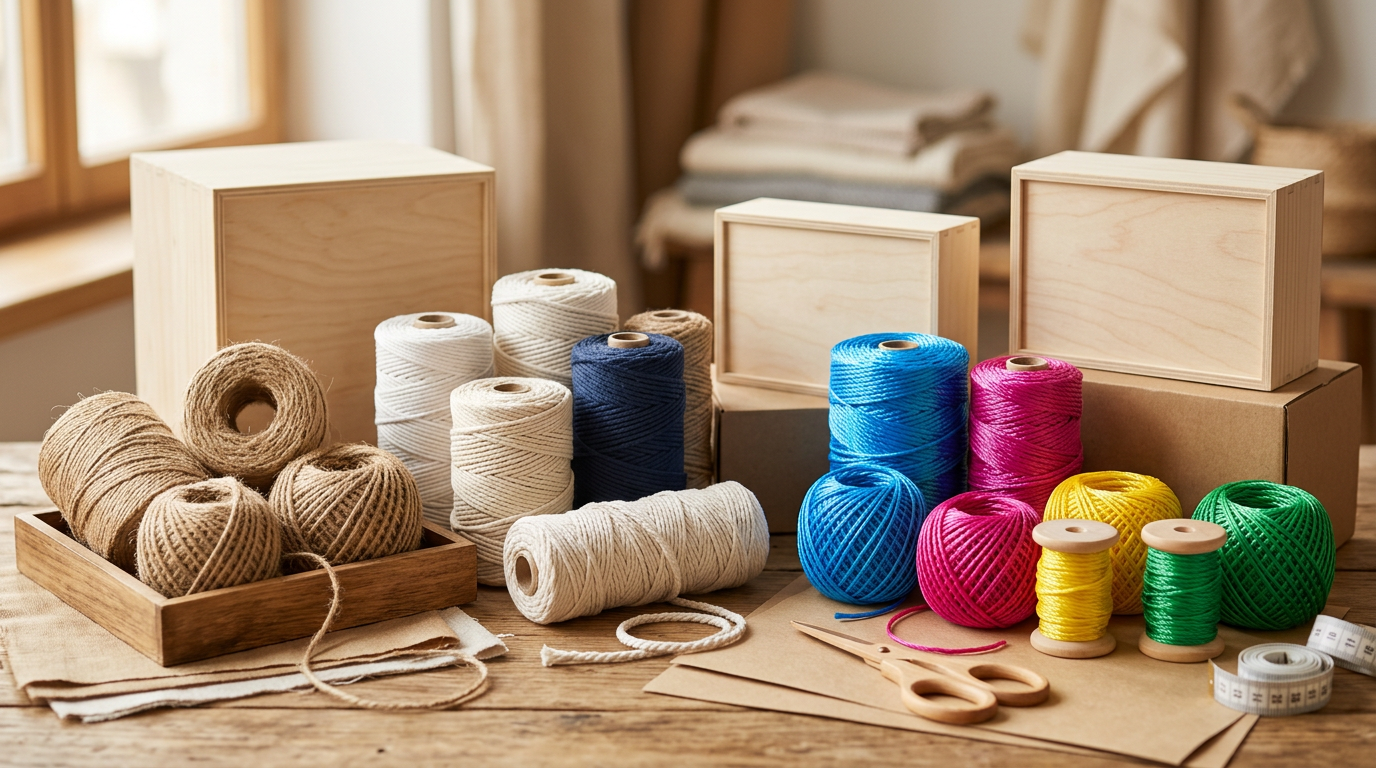Una diversidad de cordeles de diferentes materiales y colores atados y apilados, mostrando texturas de yute, algodón y otros, sobre una superficie de madera clara.