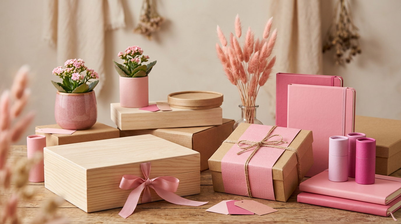 Variedad de objetos y envases en diferentes tonos de rosa, desde pastel hasta fucsia, sobre un fondo neutro