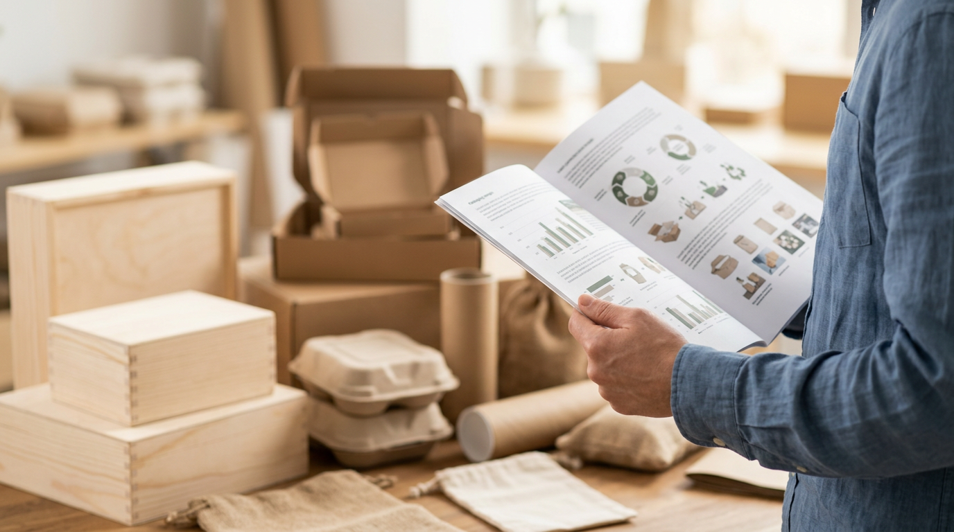 Una mano sosteniendo un dosier abierto mostrando gráficos y texto relacionados con packaging, con varias cajas y materiales de embalaje de fondo