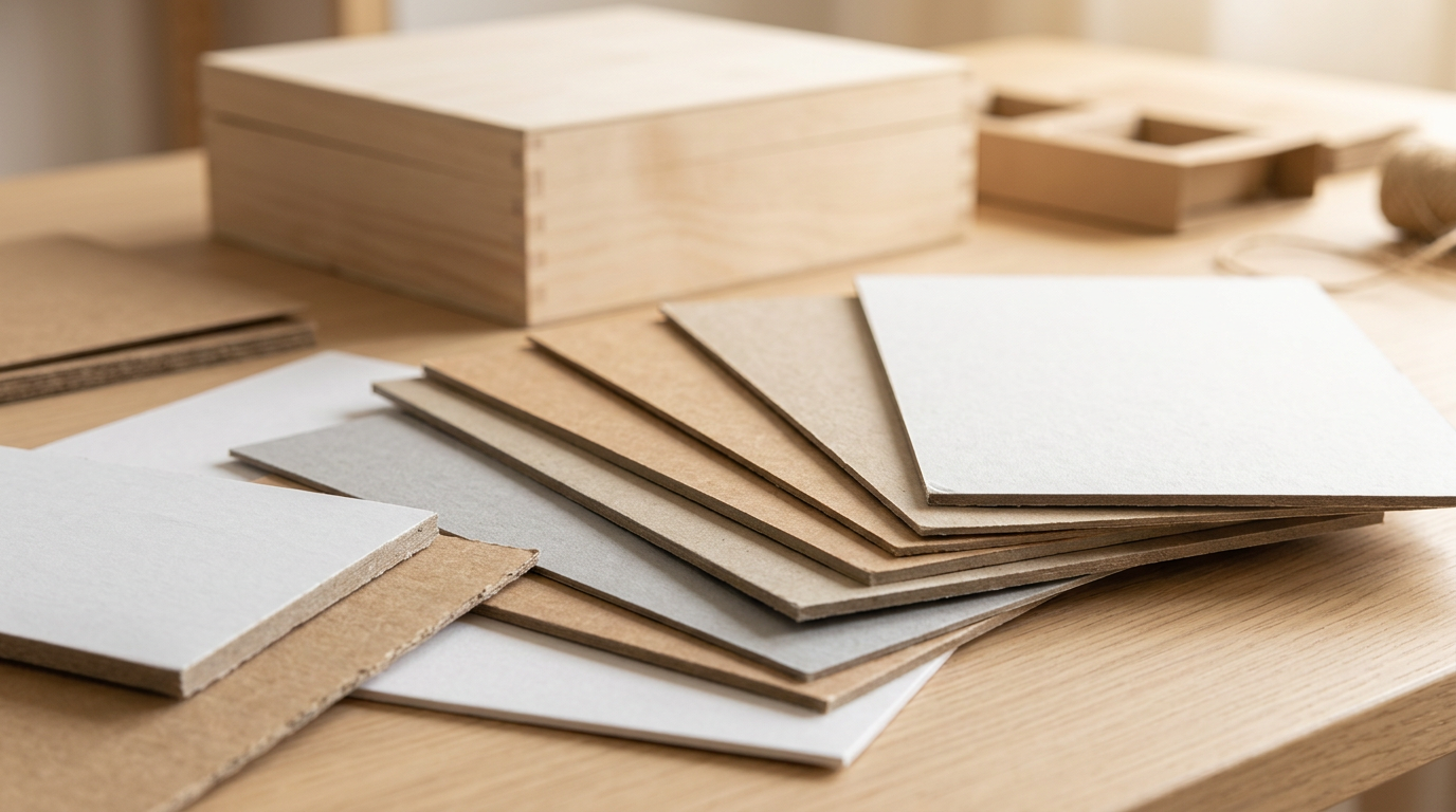 Variedad de muestras de cartón compacto y cartoncillo apiladas, mostrando diferentes texturas y grosores, con una caja de embalaje de regalo premium al fondo.