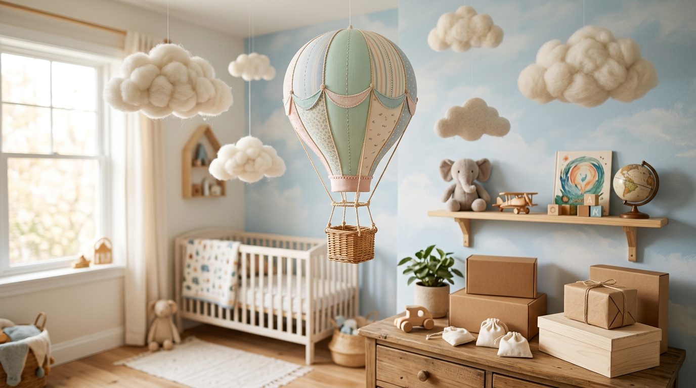 Globo aerostático de juguete colgando del techo en una habitación infantil, rodeado de nubes decorativas y otros elementos lúdicos