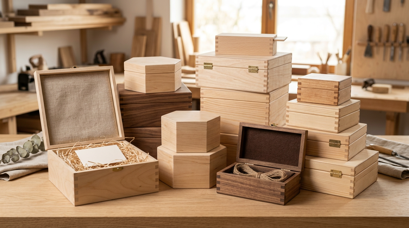 Varias cajas de madera abiertas y cerradas, algunas con grabados personalizados, sobre una superficie clara, mostrando diferentes texturas y acabados