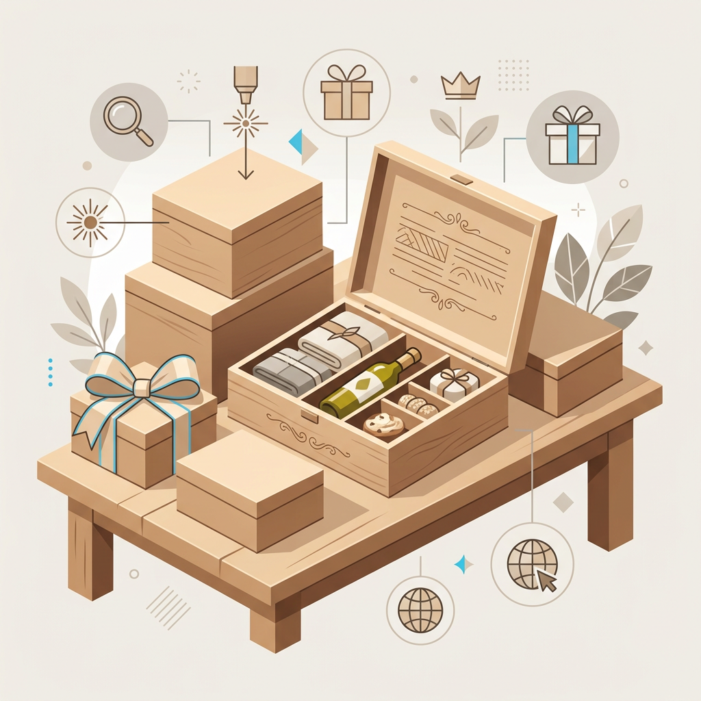 Several open and closed wooden boxes, some with custom engravings, on a light surface, showing different textures and finishes