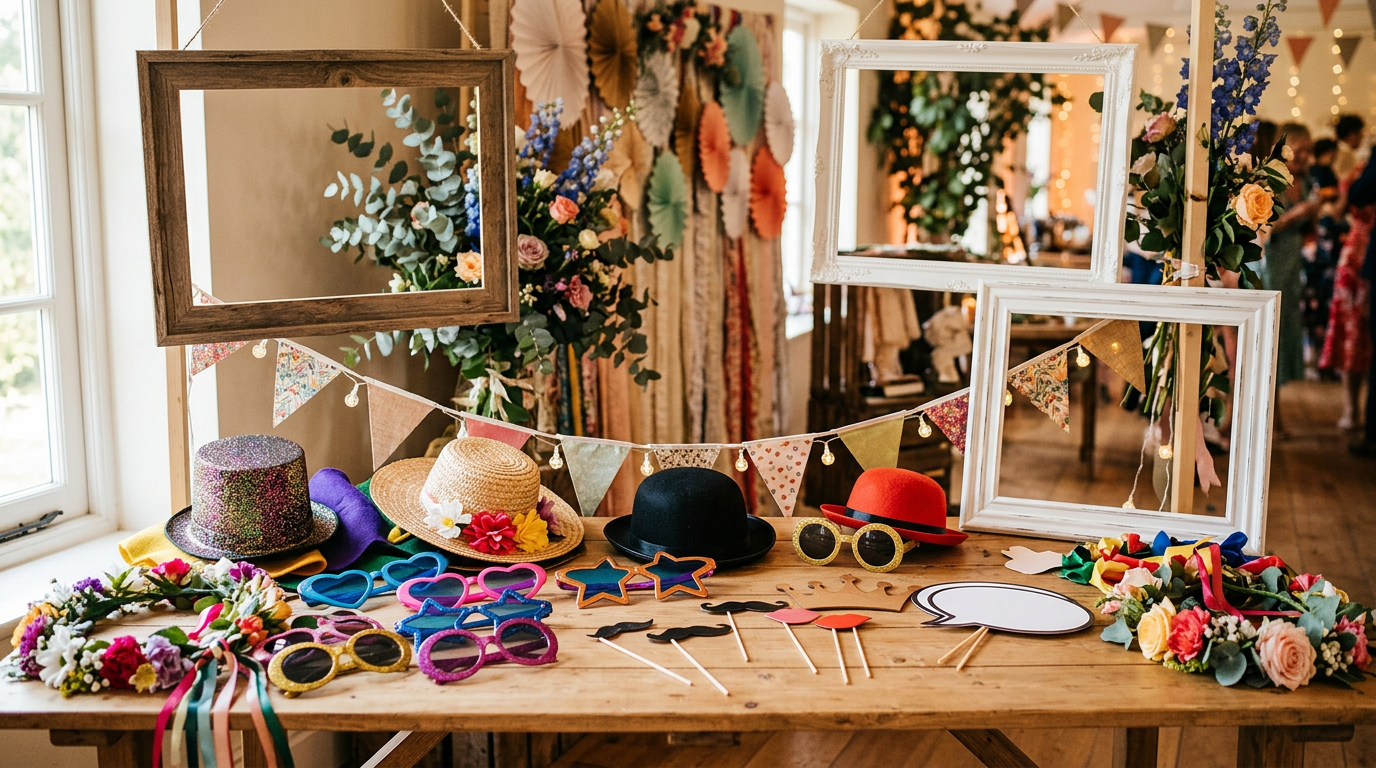 Variedad de elementos decorativos y accesorios para photocall, incluyendo marcos, flores y carteles temáticos sobre un fondo festivo