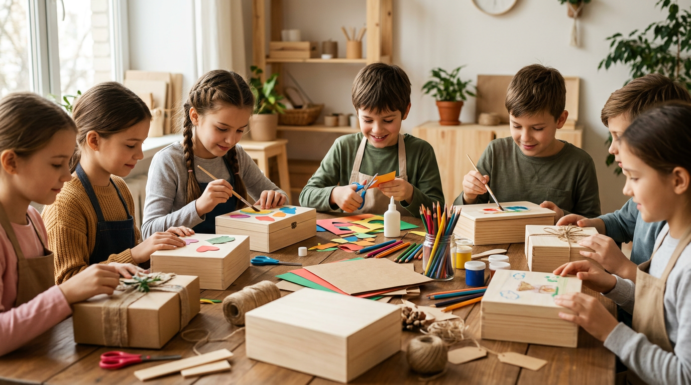 Grupo de niños preadolescentes concentrados realizando diversas manualidades con materiales coloridos y herramientas