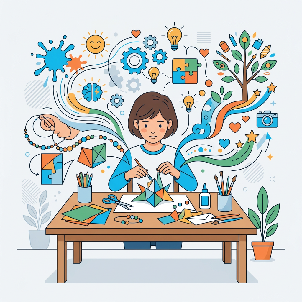 Groupe d'enfants préadolescents concentrés réalisant diverses activités manuelles avec des matériaux colorés et des outils