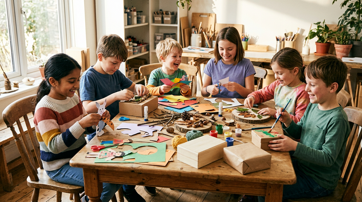 Niños sonriendo mientras realizan manualidades con diversos materiales como papel, cartulina y pintura, mostrando sus creaciones.