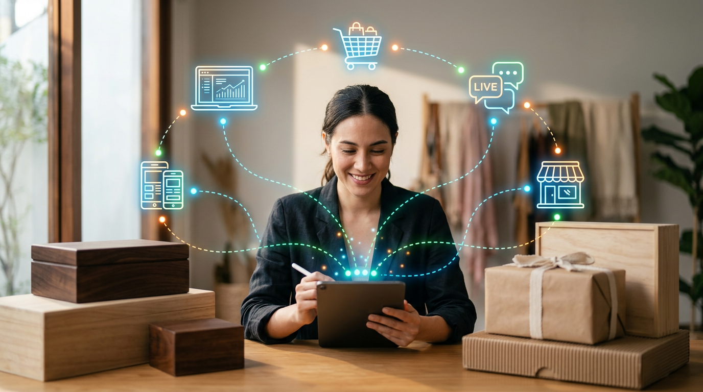 Una persona en el centro de varios iconos flotantes que representan diferentes canales de comunicación (computadora, móvil, tienda, correo).