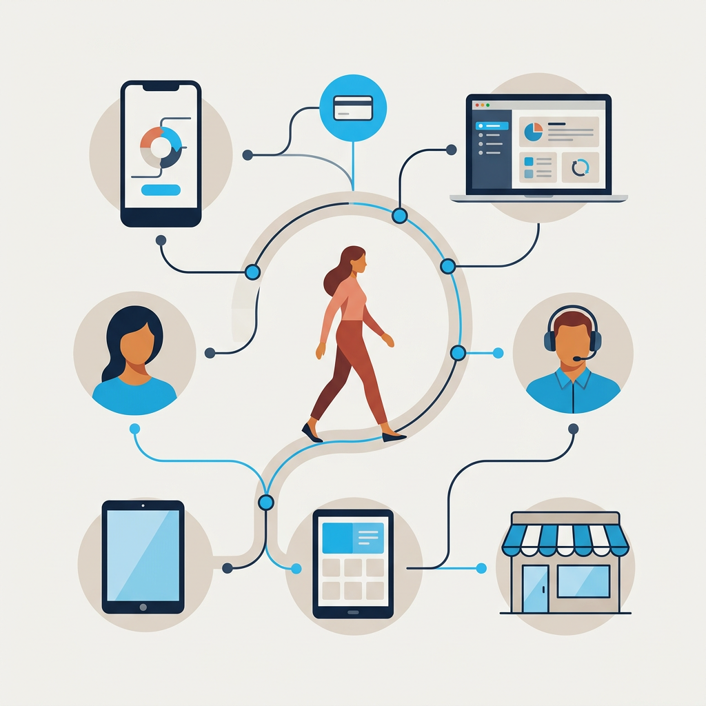 Una persona en el centro de varios iconos flotantes que representan diferentes canales de comunicación (computadora, móvil, tienda, correo).