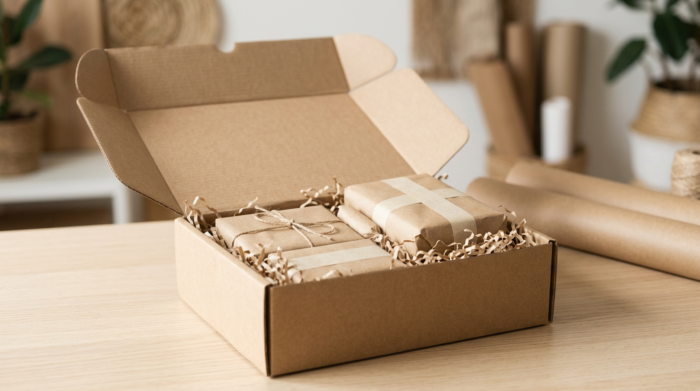 Caja de cartón marrón abierta con productos empaquetados y elementos de protección, lista para envío en ecommerce