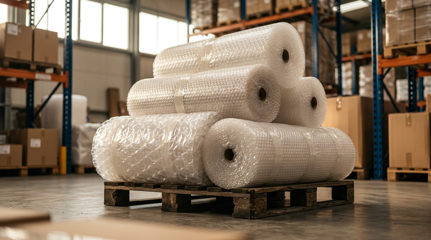 Variedad de rollos de plástico de burbujas de diferentes tamaños y tipos, apilados en un almacén listos para su uso en embalaje y protección de productos delicados durante el transporte.