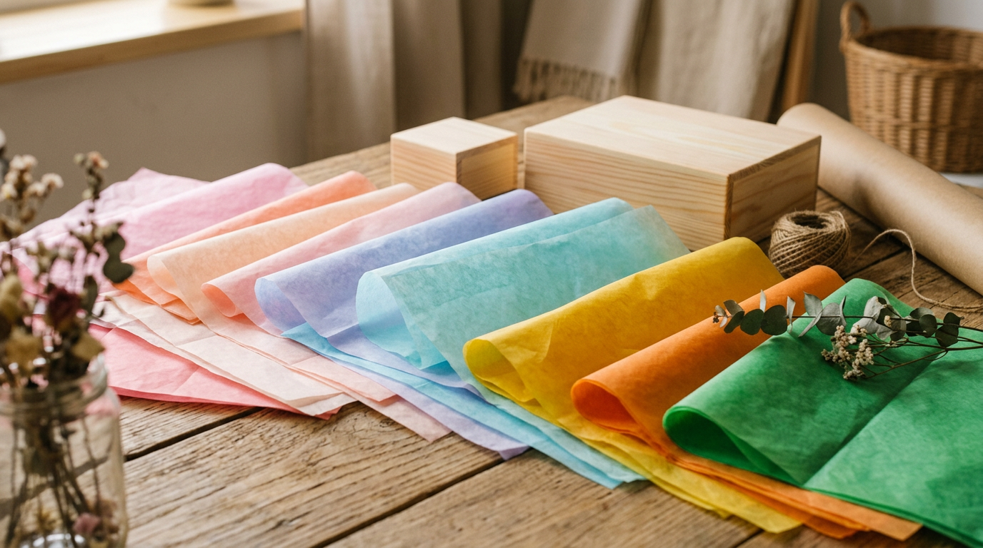 Variedad de pliegos de papel de seda de diferentes colores, incluyendo tonos pastel y vibrantes, algunos ligeramente arrugados, sobre una superficie clara.