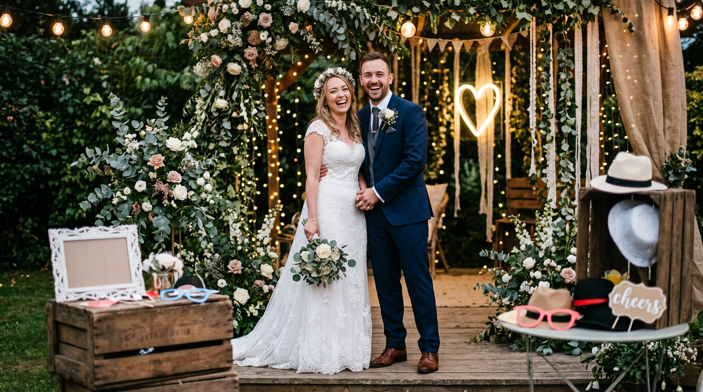 Pareja de novios sonriendo y posando en un photocall de boda casero decorado con flores y guirnaldas de luces, creando un ambiente romántico y festivo.
