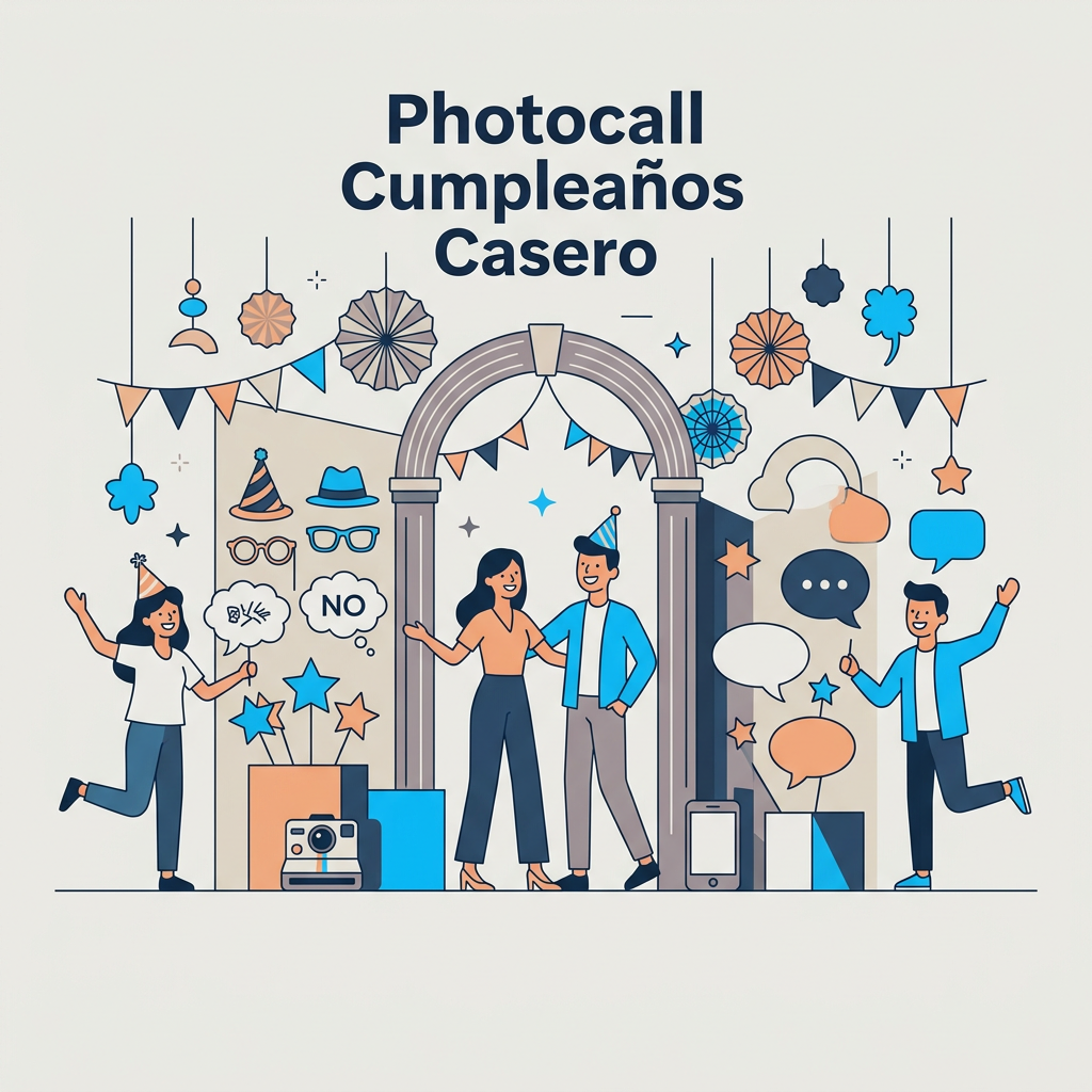 Familia riendo y posando frente a un photocall de cumpleaños casero decorado con globos, guirnaldas coloridas y una pancarta temática de fiesta.