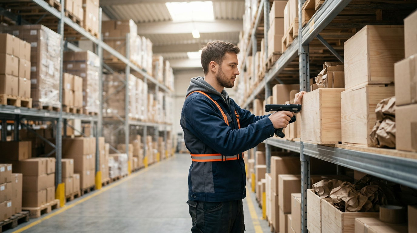 Un trabajador de almacén utiliza un dispositivo de mano para escanear productos durante el proceso de picking, con estanterías llenas de cajas al fondo.
