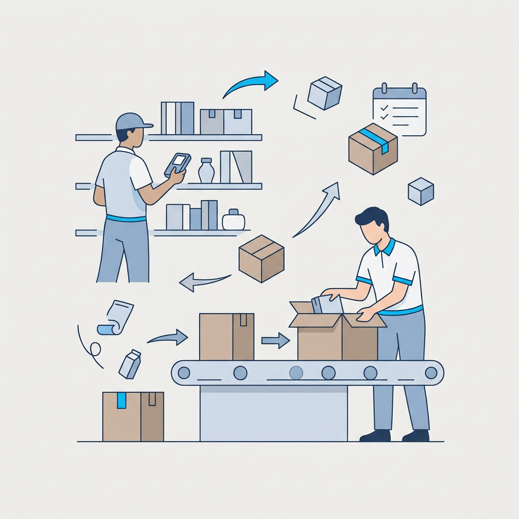 Un trabajador de almacén utiliza un dispositivo de mano para escanear productos durante el proceso de picking, con estanterías llenas de cajas al fondo.