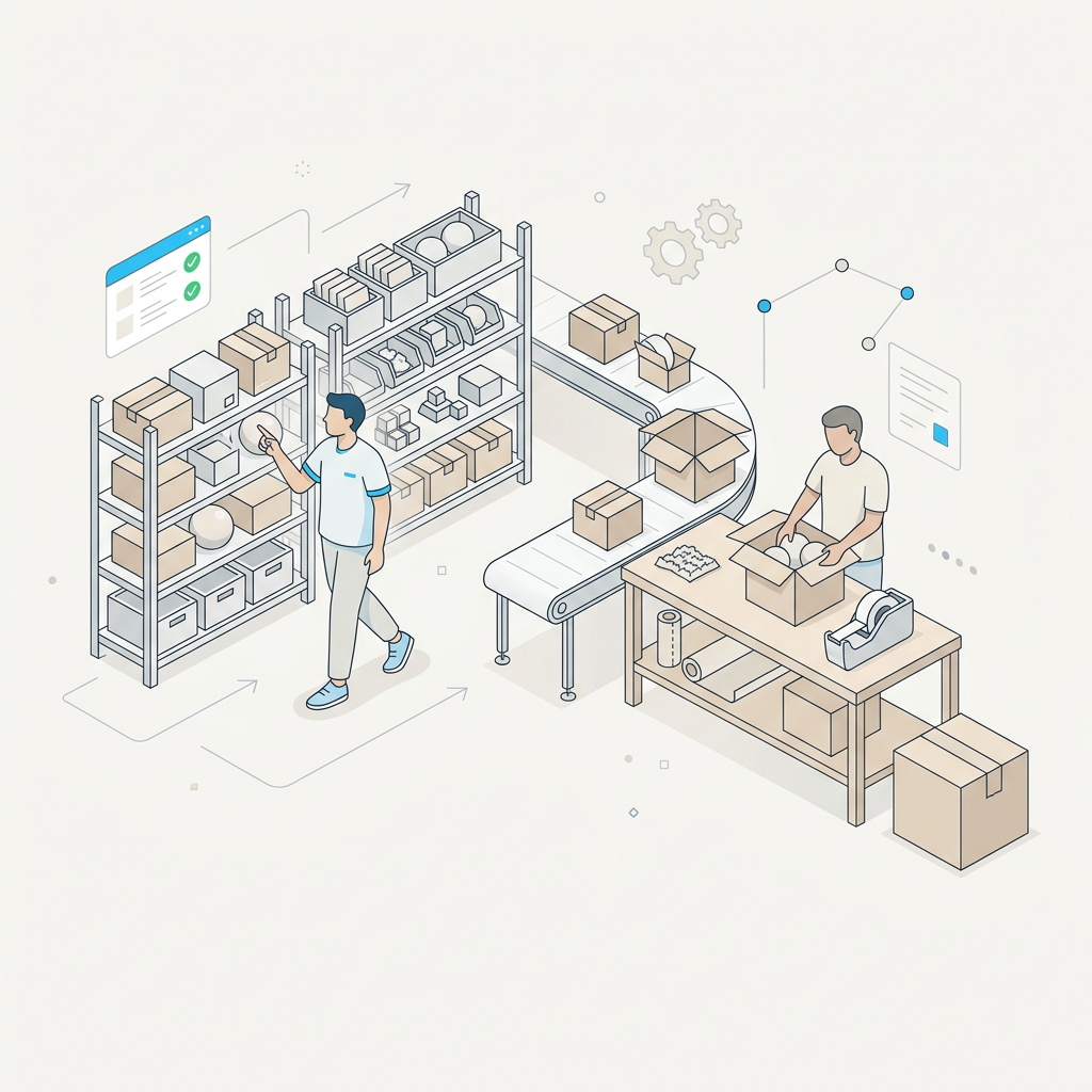 Un trabajador de almacén utiliza un dispositivo de mano para escanear productos durante el proceso de picking, con estanterías llenas de cajas al fondo.