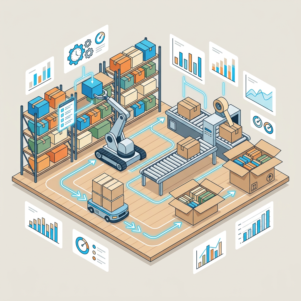 Un trabajador de almacén utiliza un dispositivo de mano para escaniare productos durante il processo di picking, con estanterías llenas de cajas al fondo.