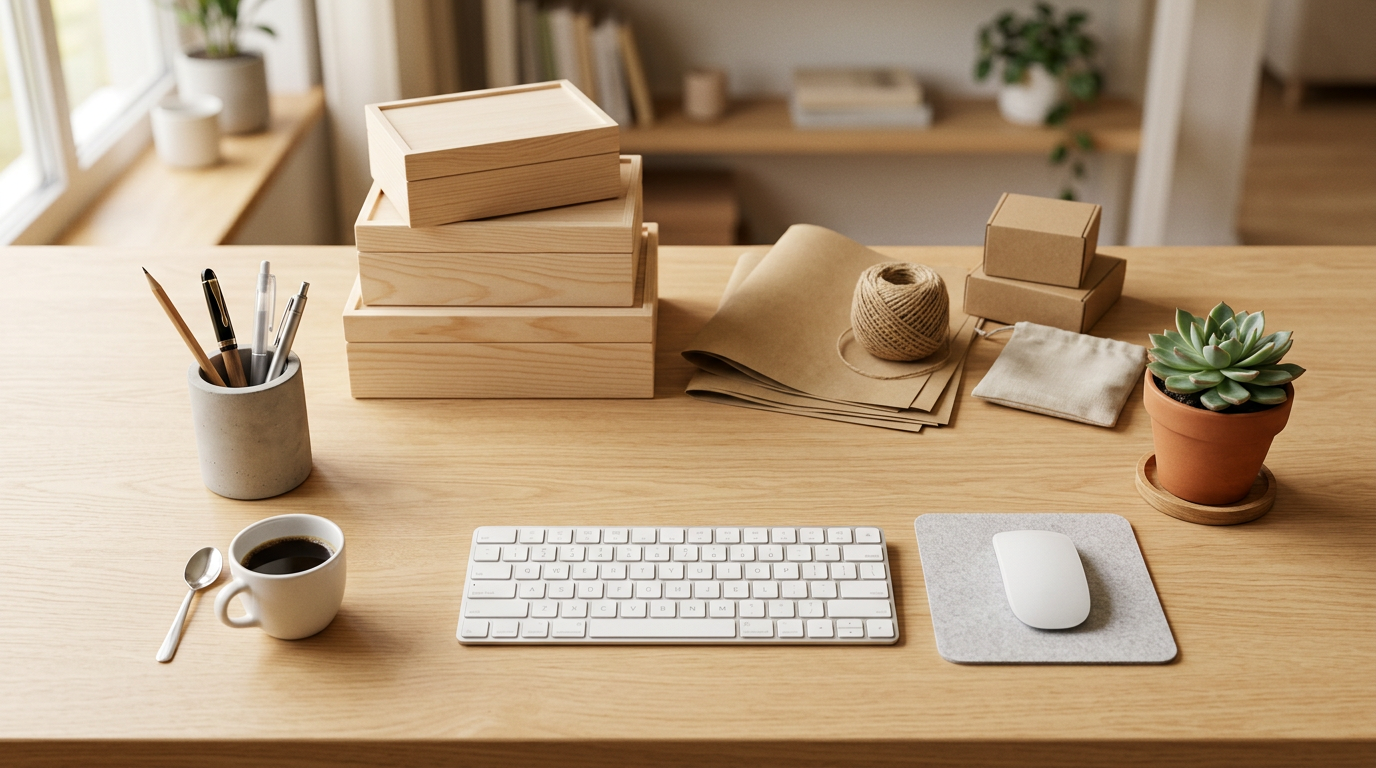 Un moderno escritorio organizado con un portalápices de diseño, varios bolígrafos, un teclado y una pantalla de ordenador. La luz natural ilumina el espacio de trabajo.