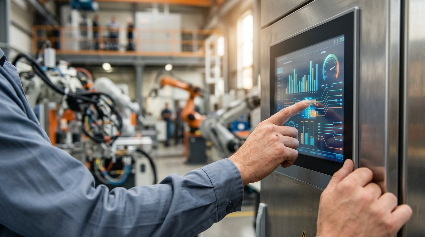 Mano manipulando un panel de control moderno en una máquina industrial, simbolizando la actualización tecnológica y el retrofit.