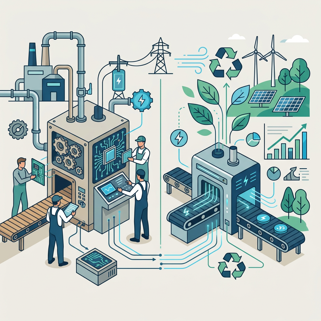 Main manipulant un panneau de contrôle moderne sur une machine industrielle, symbolisant la mise à jour technologique et le retrofit.