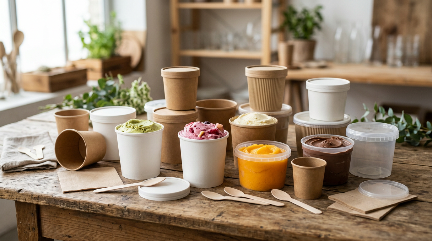 Variedad de tarrinas de helado de diferentes tamaños y materiales apiladas sobre una superficie clara, con algunas vacías y otras con helado simulado.