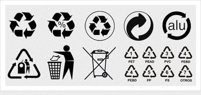 Variedad de símbolos de reciclaje y lazo de Möbius sobre diferentes tipos de envases y materiales reciclables.